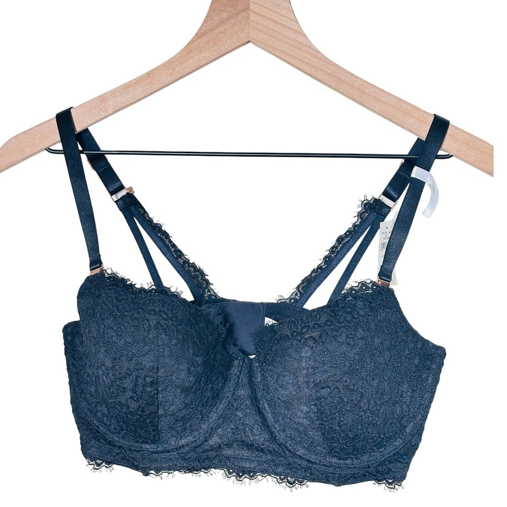 Aerie Real Good Balconette Bra Black Lace 34DD Double Strap Gold Tone Lined‎ NWT
